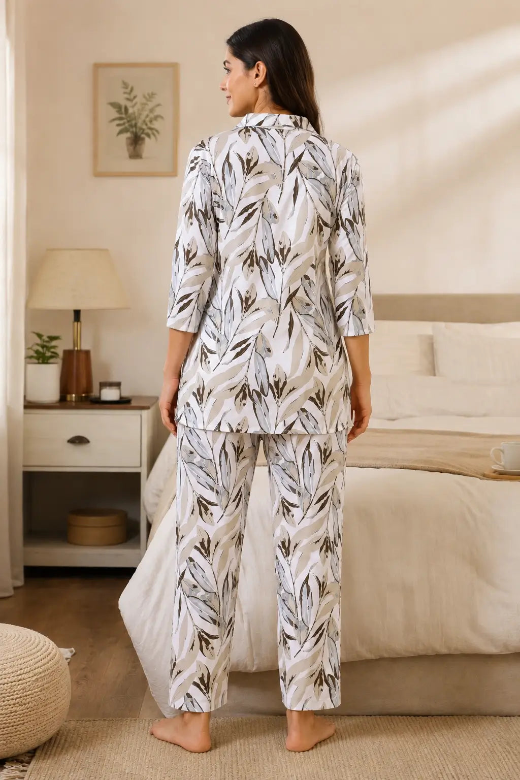Back view of Rabric white glace cotton botanical print women night suit co-ord set with straight pants and short shirt