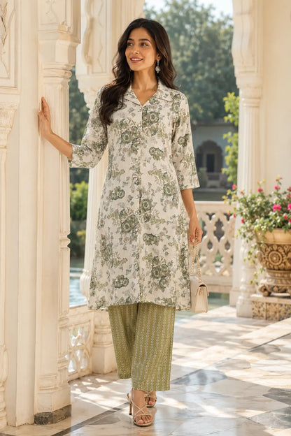 RABRIC white and sage green floral cotton kurta set for women with printed pants