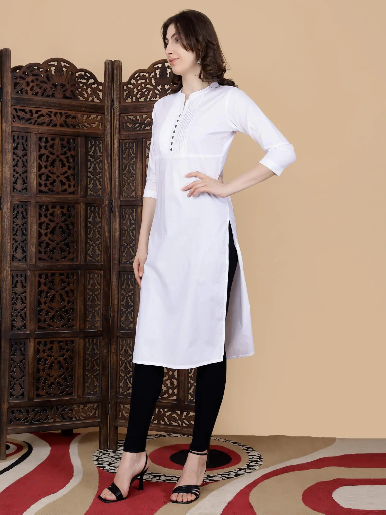 Three Quarter Sleeve White Long Kurti for Women