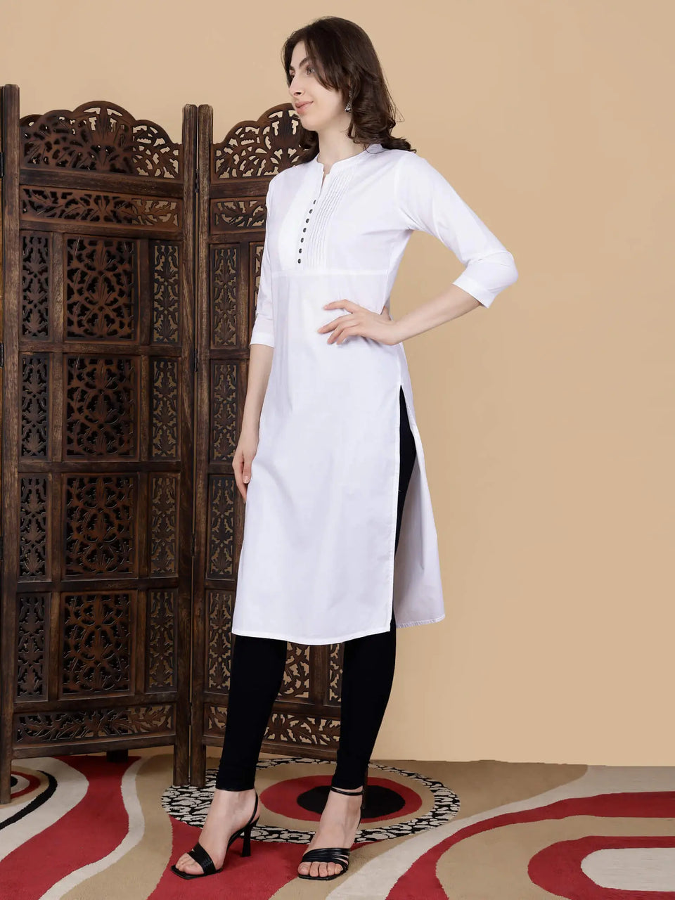Three Quarter Sleeve White Long Kurti for Women