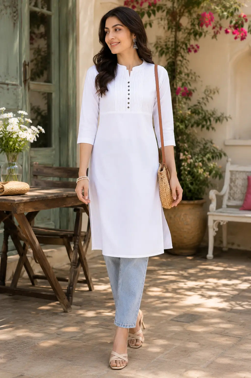Rabric white popline cotton casual lifestyle kurti for women styled with denim jeans and accessories for Gen Z fashion
