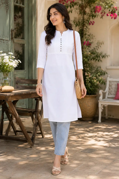 Rabric white popline cotton casual lifestyle kurti for women styled with denim jeans and accessories for Gen Z fashion