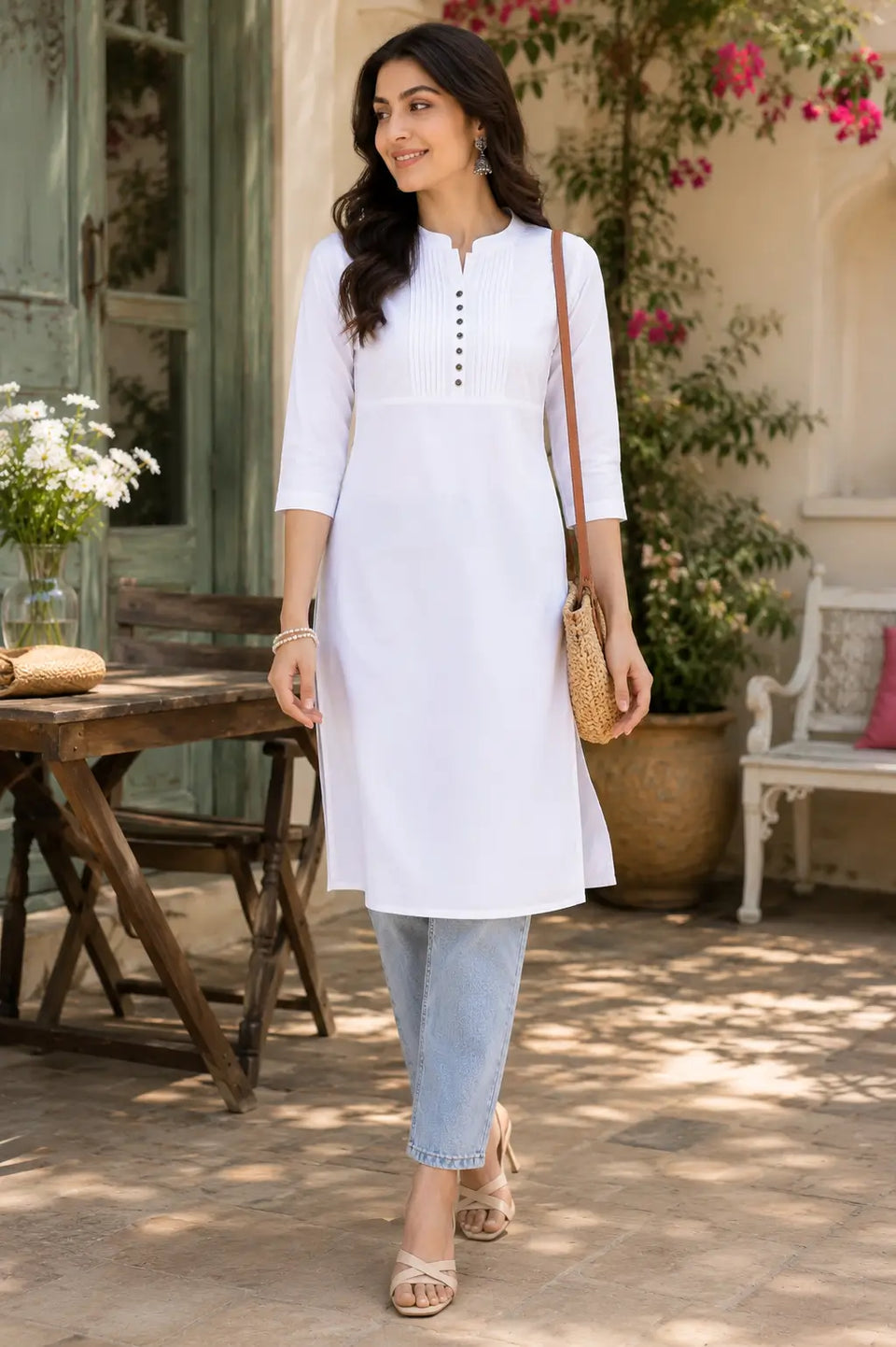 Rabric white popline cotton casual lifestyle kurti for women styled with denim jeans and accessories for Gen Z fashion