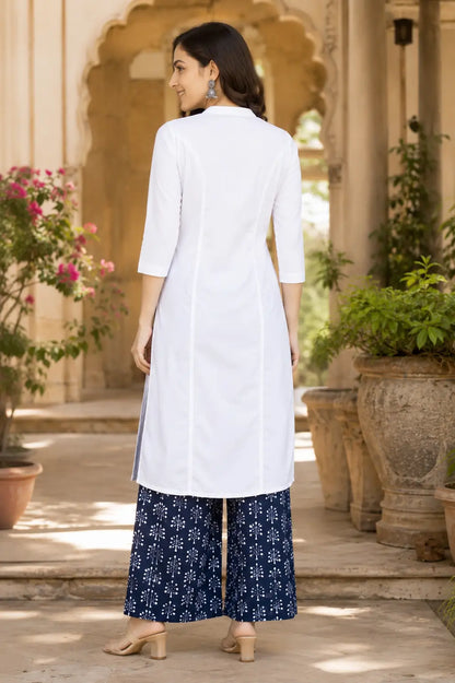 Back view of white popline cotton women kurti by Rabric with clean straight silhouette and elegant minimalist ethnic style