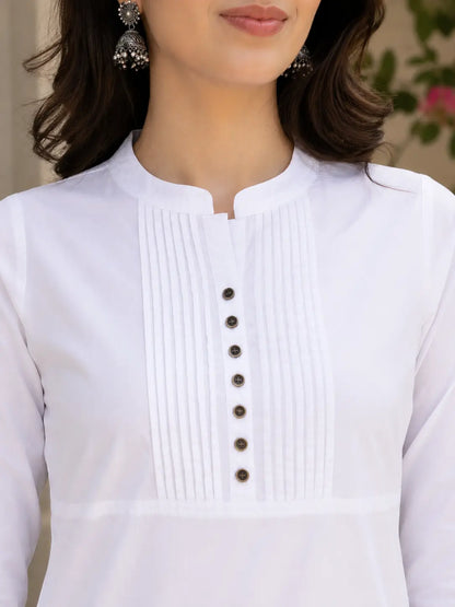 Close up of stylish neck design on Rabric white popline cotton women kurti with pleated detailing and button pattern