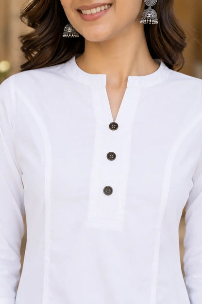 Closeup of stylish neck design on white popline cotton women kurti with button detailing by Rabric