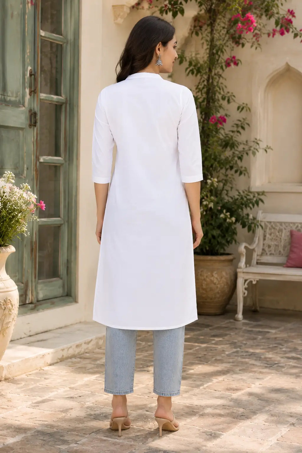 Back view of Rabric white popline cotton women kurti with straight fit design and elegant full length ethnic style