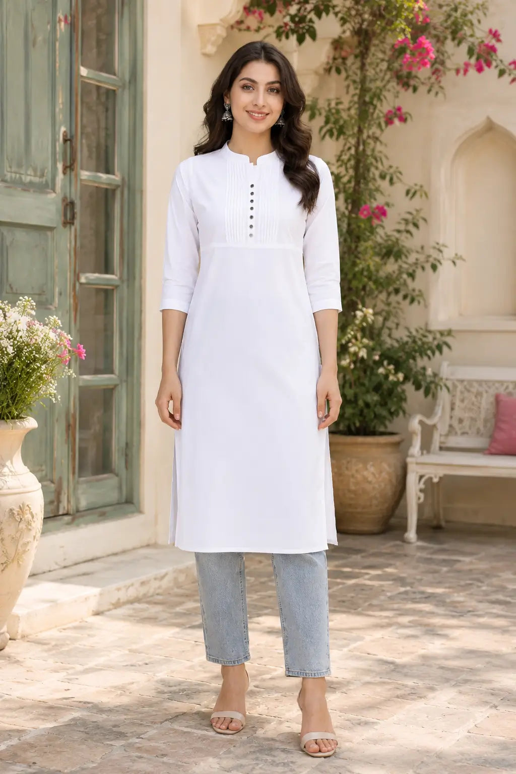 Rabric white popline cotton women straight kurti front view with stylish neck design and 3/4 sleeves for casual ethnic wear