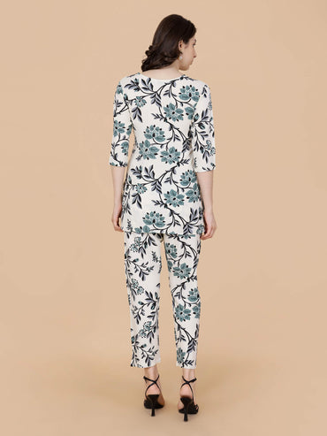 Back view of floral printed rayon loungewear set for women