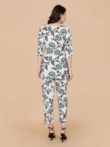 Back view of floral printed rayon loungewear set for women