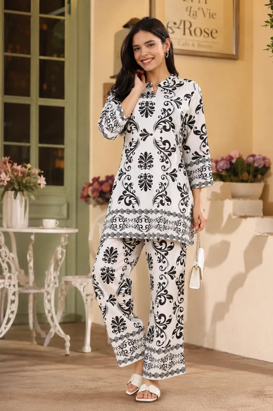 Rabric white Vertican Silk women co-ord set with black damask floral print, short kurti, 3/4 sleeves and matching pant front view