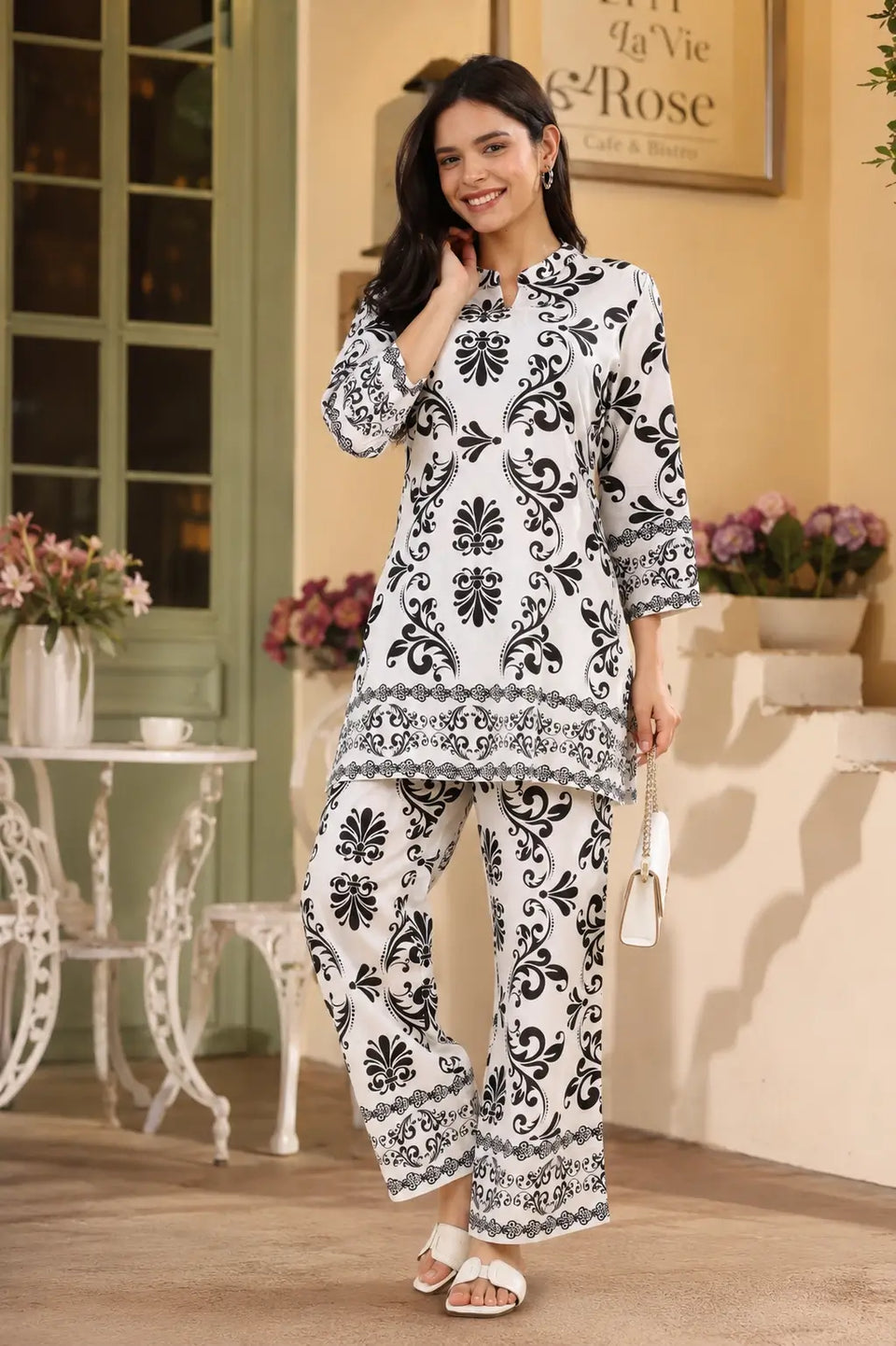 Rabric white Vertican Silk women co-ord set with black damask floral print, short kurti, 3/4 sleeves and matching pant front view