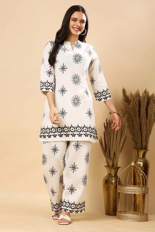 White Vertican Silk women’s co-ord set with V-neck kurta – front view