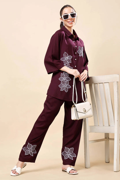 Side view of Rabric wine floral embroidered co-ord set for women