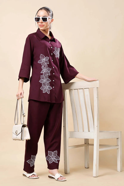 Model wearing Rabric premium rayon wine floral co-ord set