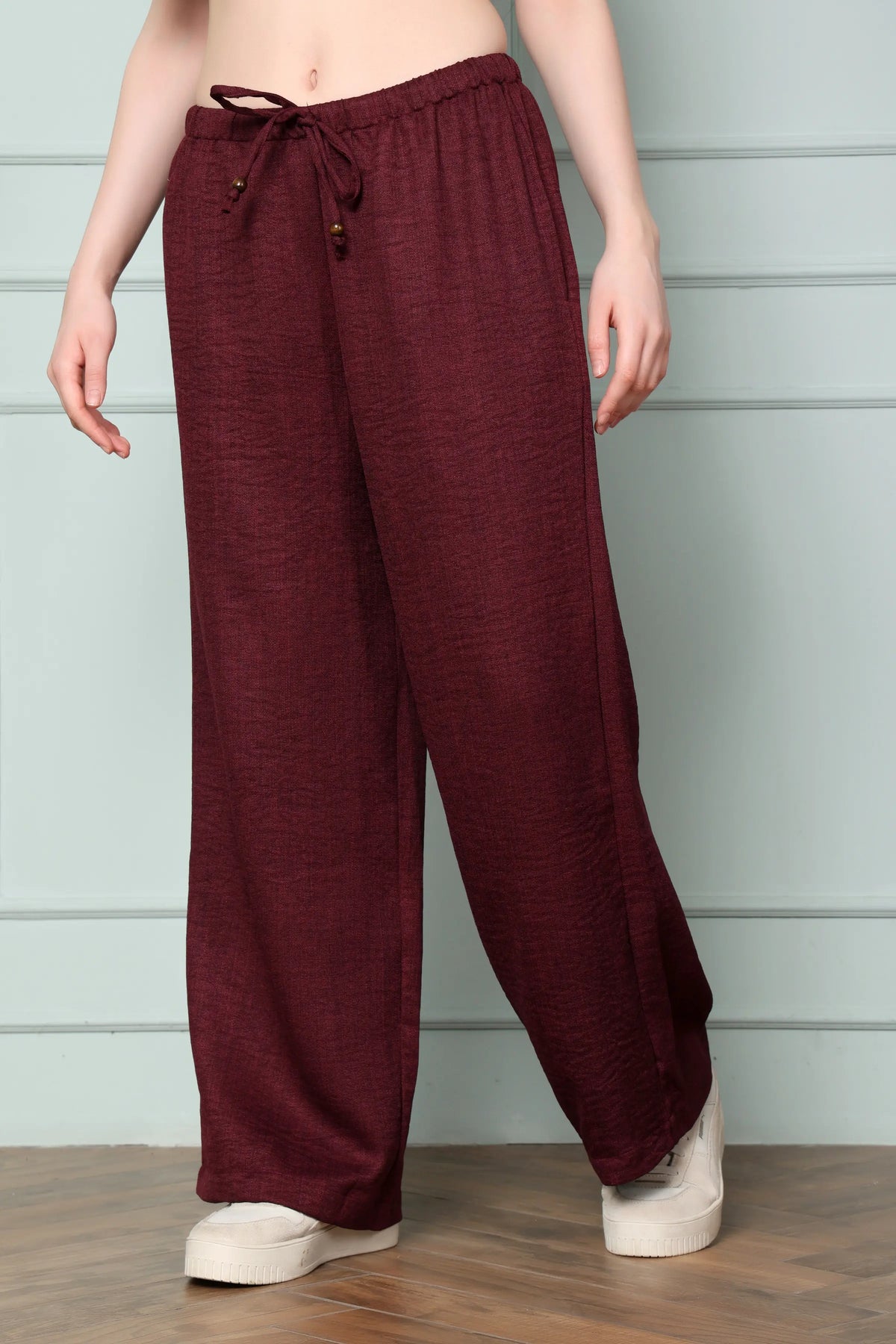 RABRIC wine linen relaxed fit trousers for women side angle with wide leg silhouette