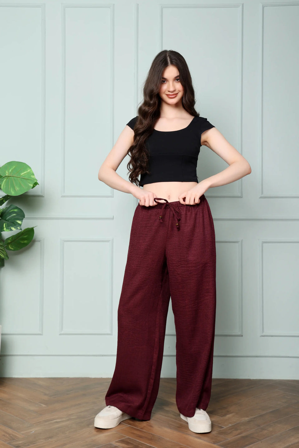 RABRIC wine linen wide leg trousers for women styled for a comfortable casual lifestyle look