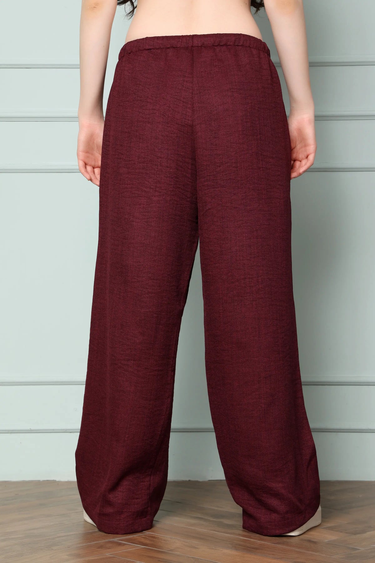 RABRIC wine linen wide leg trousers for women back view with elasticated waistband
