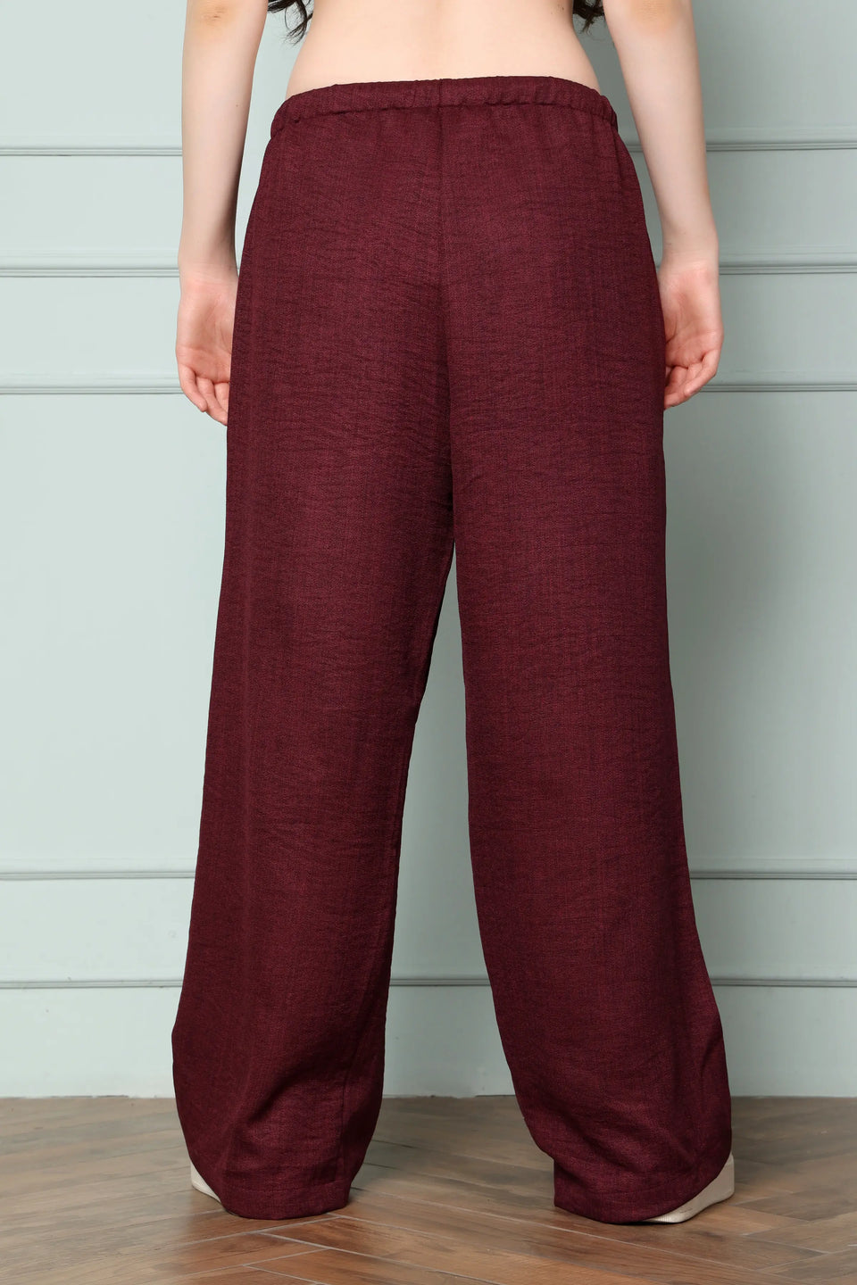 RABRIC wine linen wide leg trousers for women back view with elasticated waistband