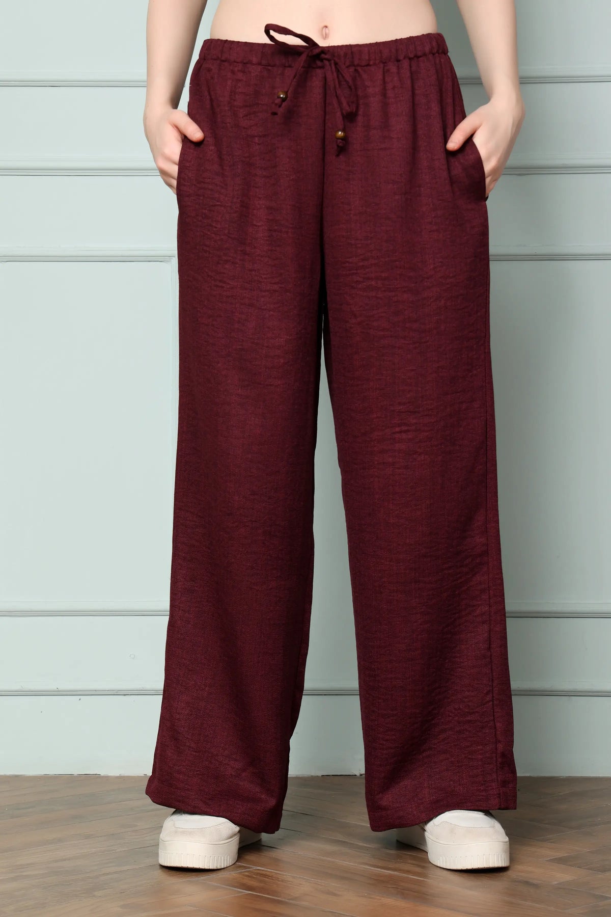 RABRIC wine linen wide leg trousers for women front view with drawstring and side pockets