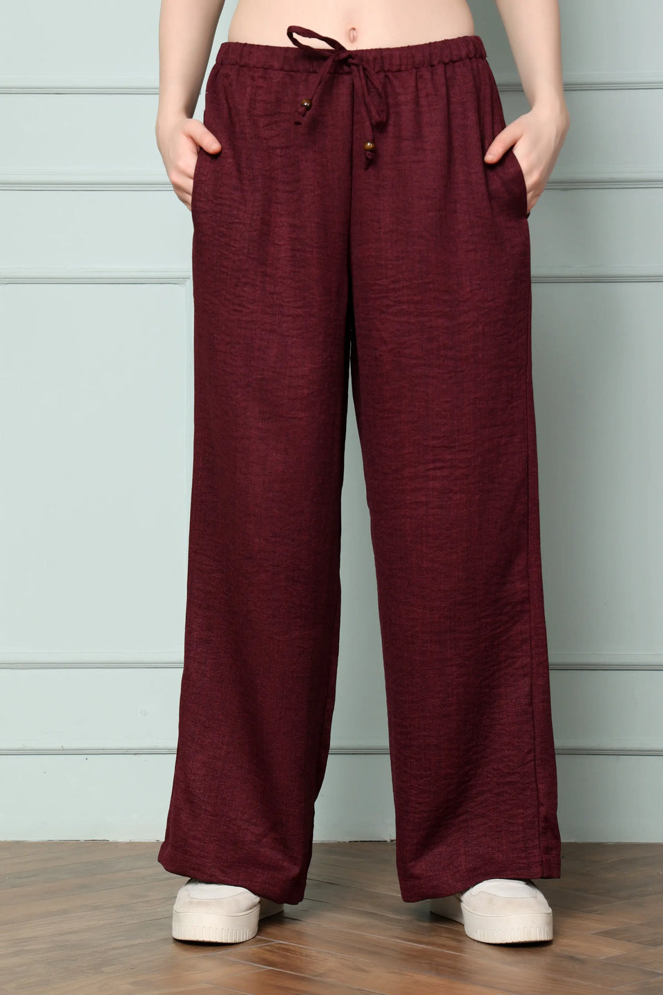 RABRIC wine linen wide leg trousers for women front view with drawstring and side pockets