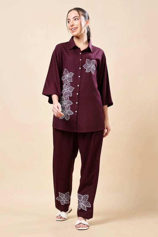 Front view of Rabric premium rayon wine floral embroidered co-ord set for women