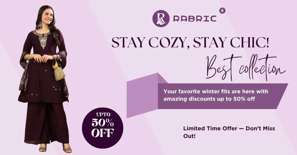 Rabric winter collection sale banner showcasing women's stylish winter outfits with up to 50% off discount — stay cozy and chic