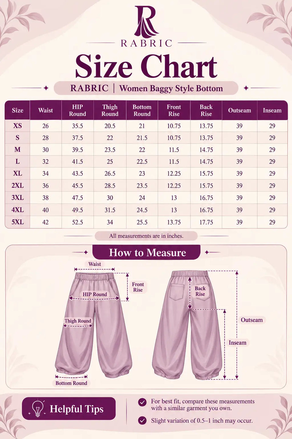 RABRIC women baggy style bottom size chart XS to 5XL with waist, hip, thigh, rise, outseam and inseam measurements
