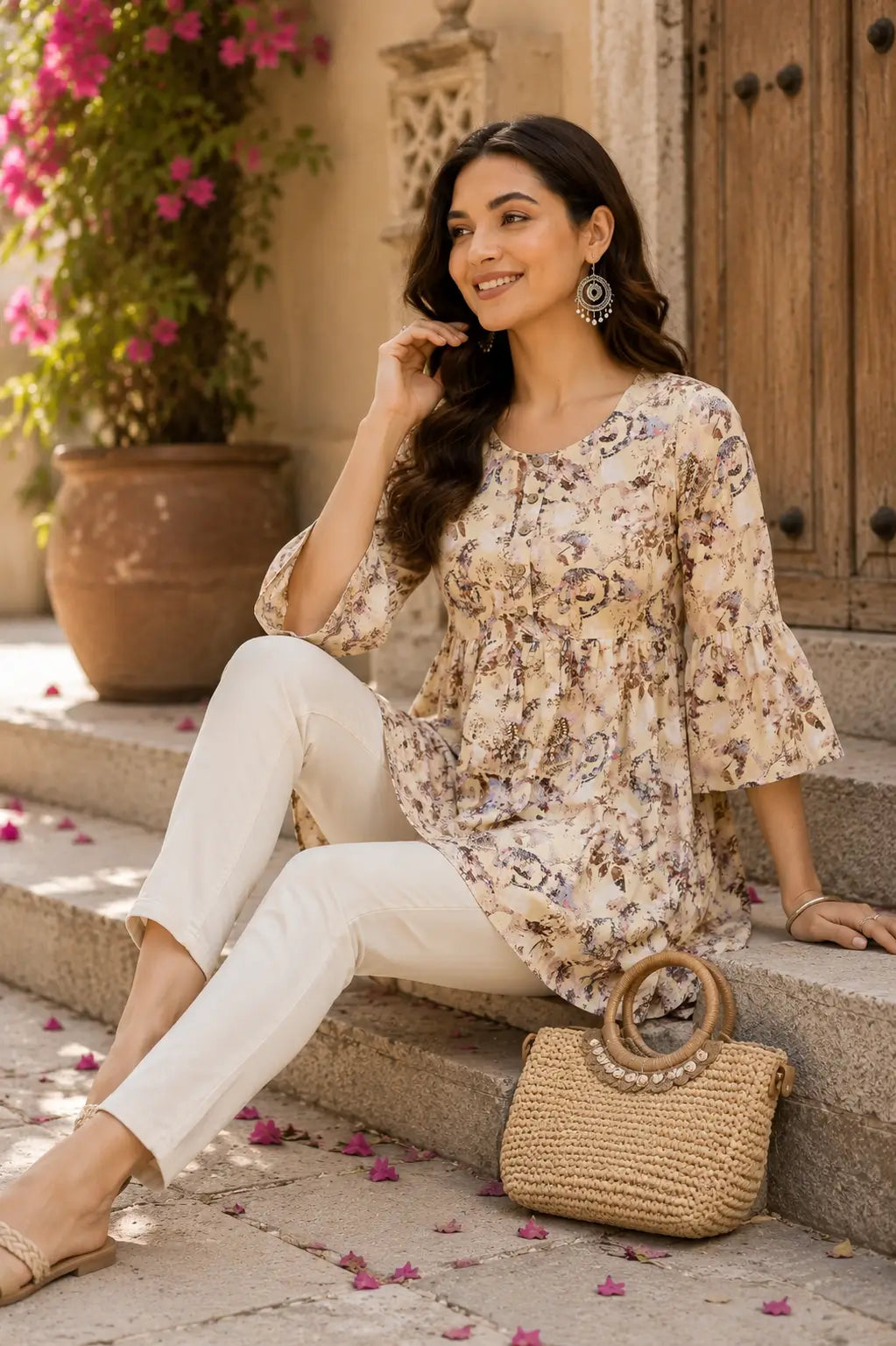 Elegant women cotton printed short top in casual sitting pose with handbag and summer accessories