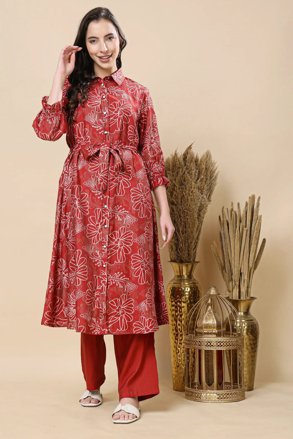 Women Berlin silk co-ord set with A-line kurta and palazzo