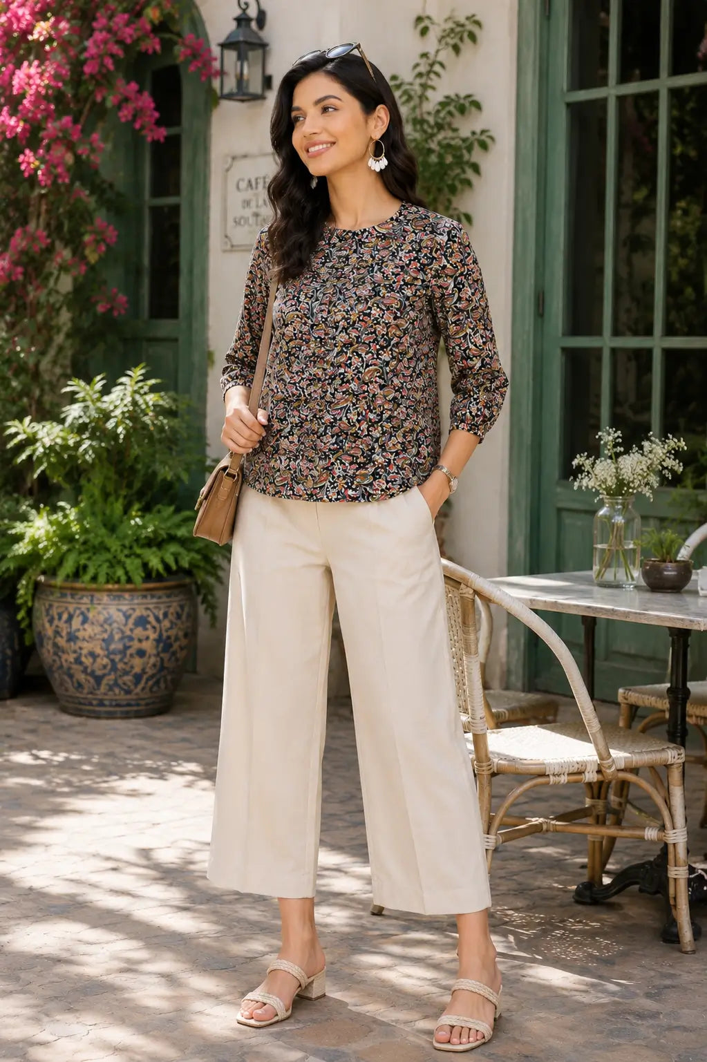 Side angle view of Rabric black paisley cotton short top for women with stylish casual fit and elastic sleeves