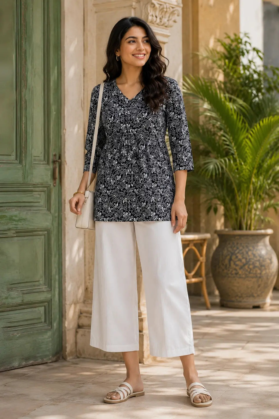 Rabric women black white cotton cambric short top casual lifestyle look with stylish wide leg pants and accessories