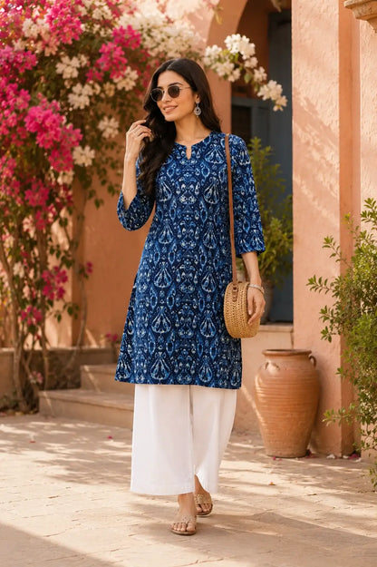 Rabric women navy blue cotton kurti casual lifestyle look with white palazzo pants and modern ethnic fashion styling