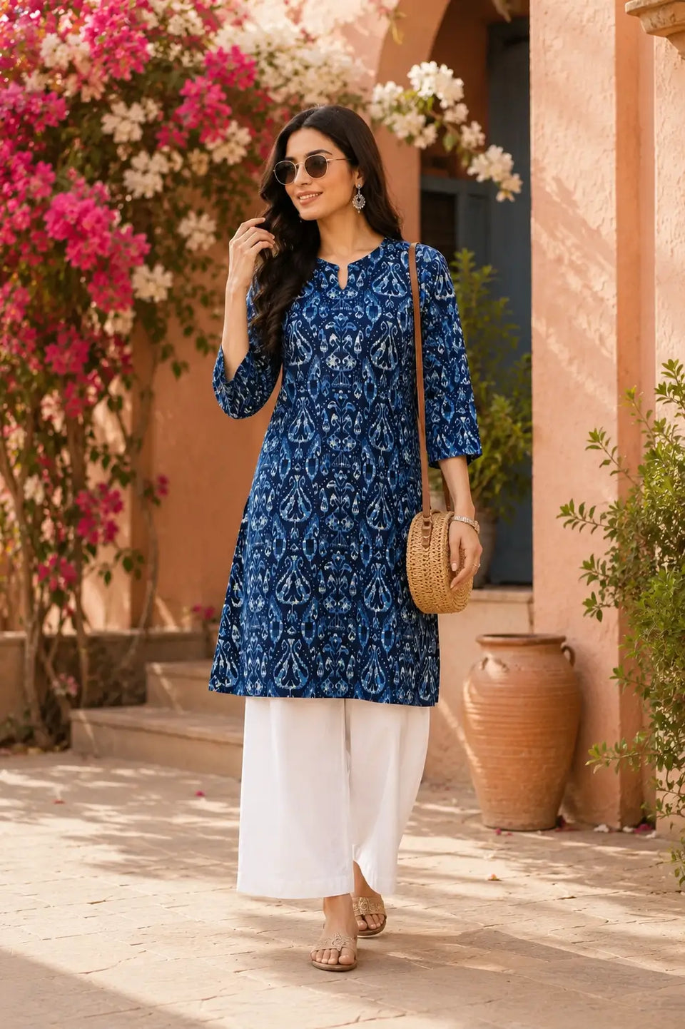 Rabric women navy blue cotton kurti casual lifestyle look with white palazzo pants and modern ethnic fashion styling