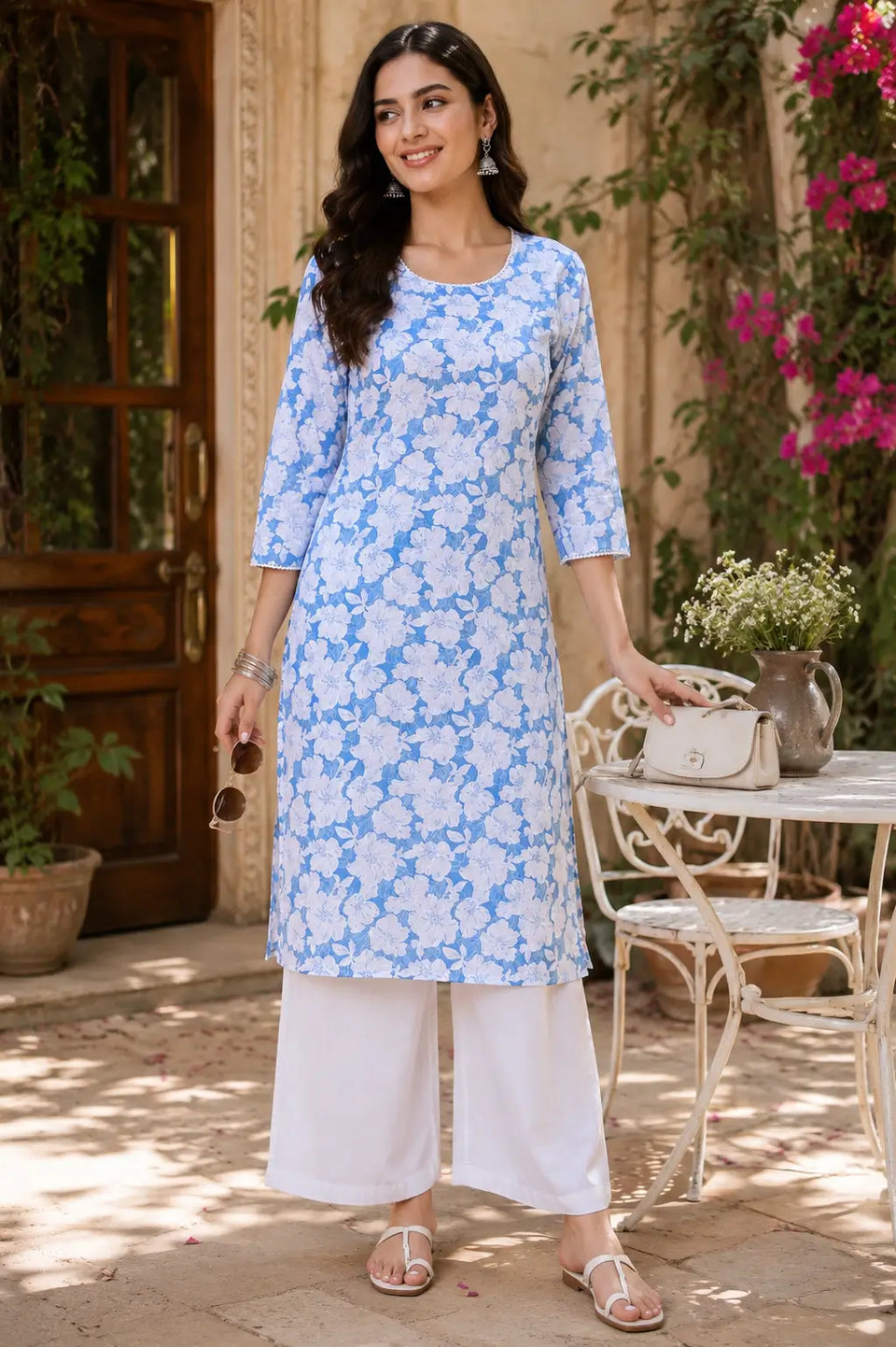 Woman wearing Rabric blue floral cotton kurti with white palazzo in casual lifestyle ethnic fashion look
