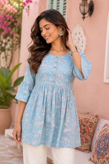 Rabric women light blue floral cotton short top with 3/4 bell sleeves front view casual ethnic wear