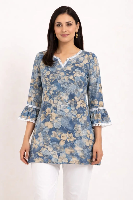 Women blue floral cotton short top front view stylish office wear