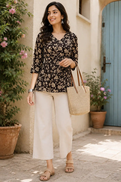 Rabric brown beige floral cotton short top for women with V neck and 3/4 sleeves front view stylish casual tunic top