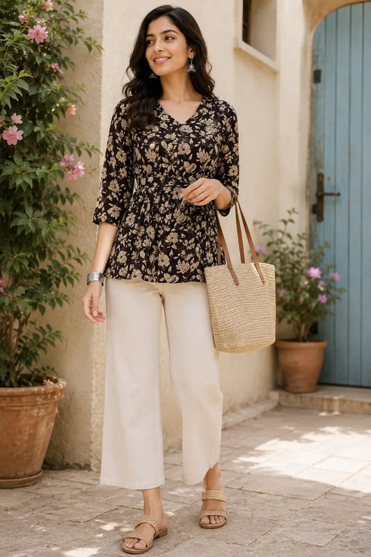 Rabric brown beige floral cotton short top for women with V neck and 3/4 sleeves front view stylish casual tunic top