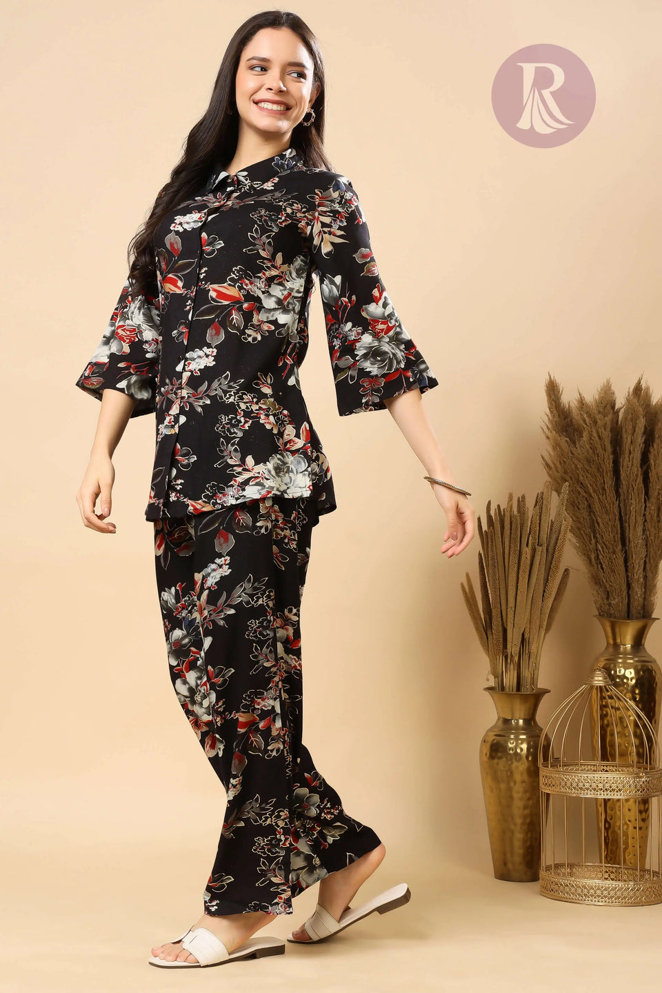 Rabric Premium Rayon Floral Black Co-ord Set for Women | Stylish Collar Top & Comfortable Pants with Pocket