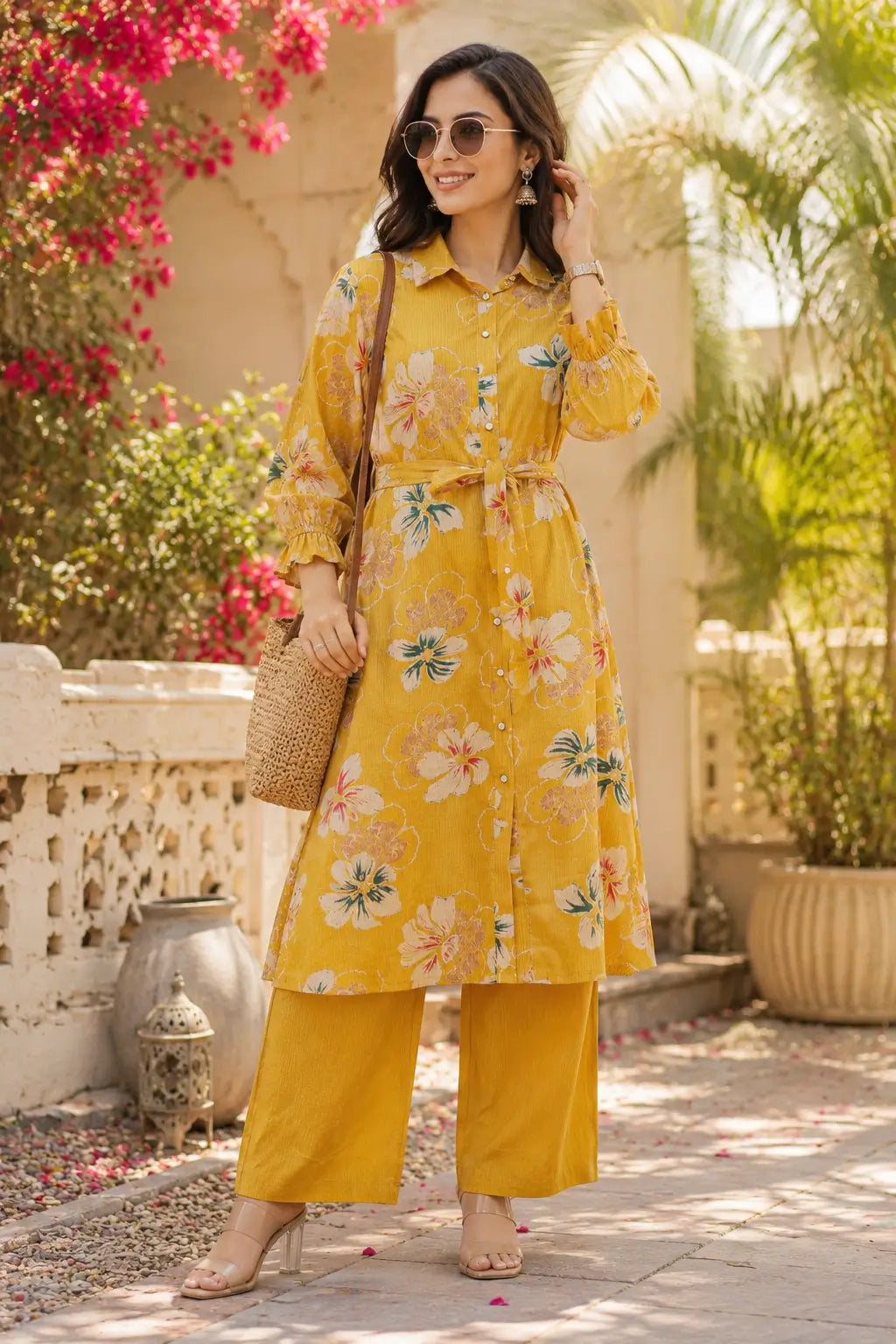 Rabric women floral vertical silk co-ord set outdoor lifestyle fashion look