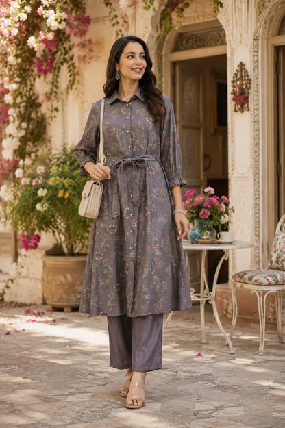 Lifestyle image of Rabric grey silk co-ord set