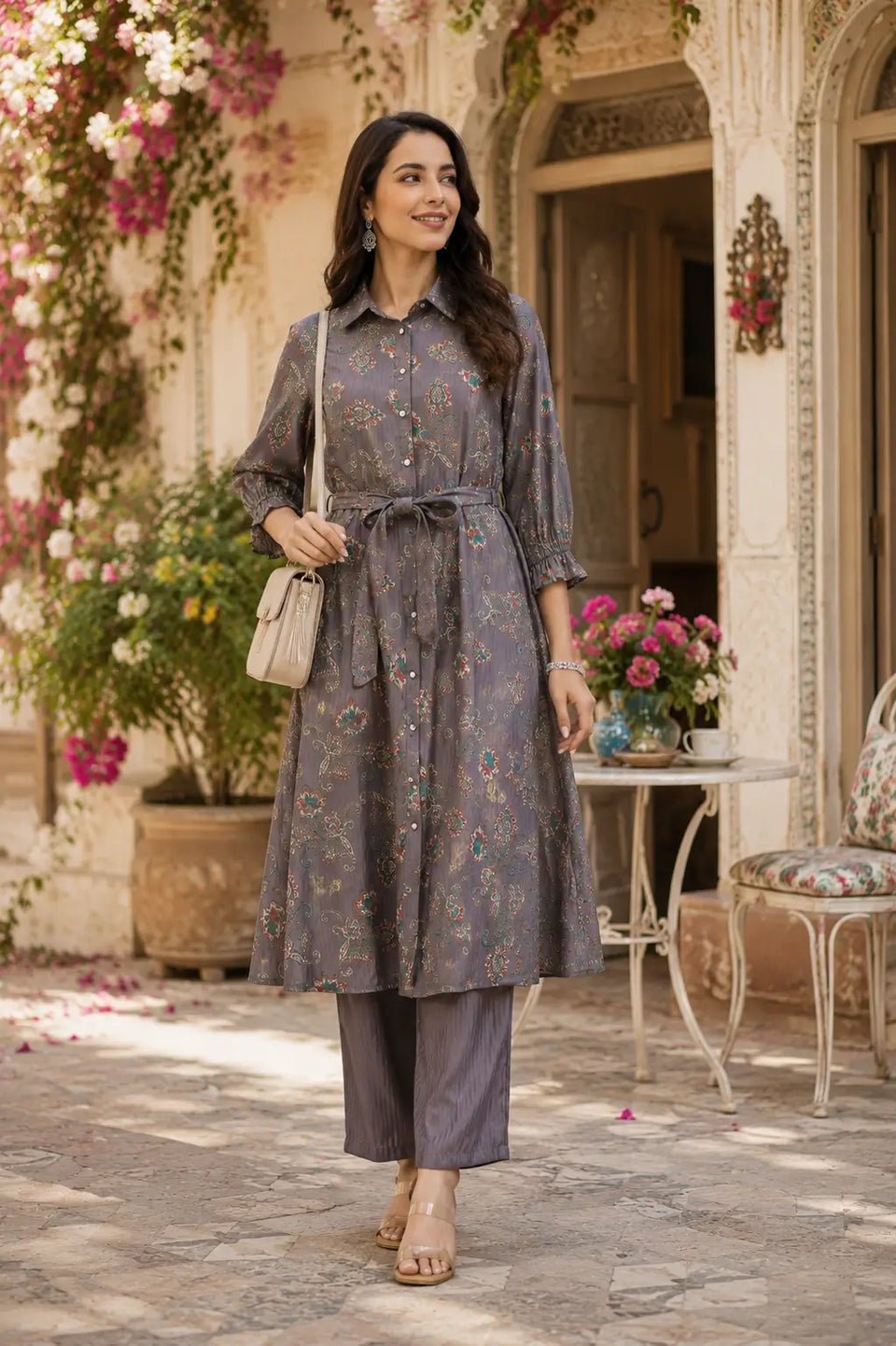 Lifestyle image of Rabric grey silk co-ord set