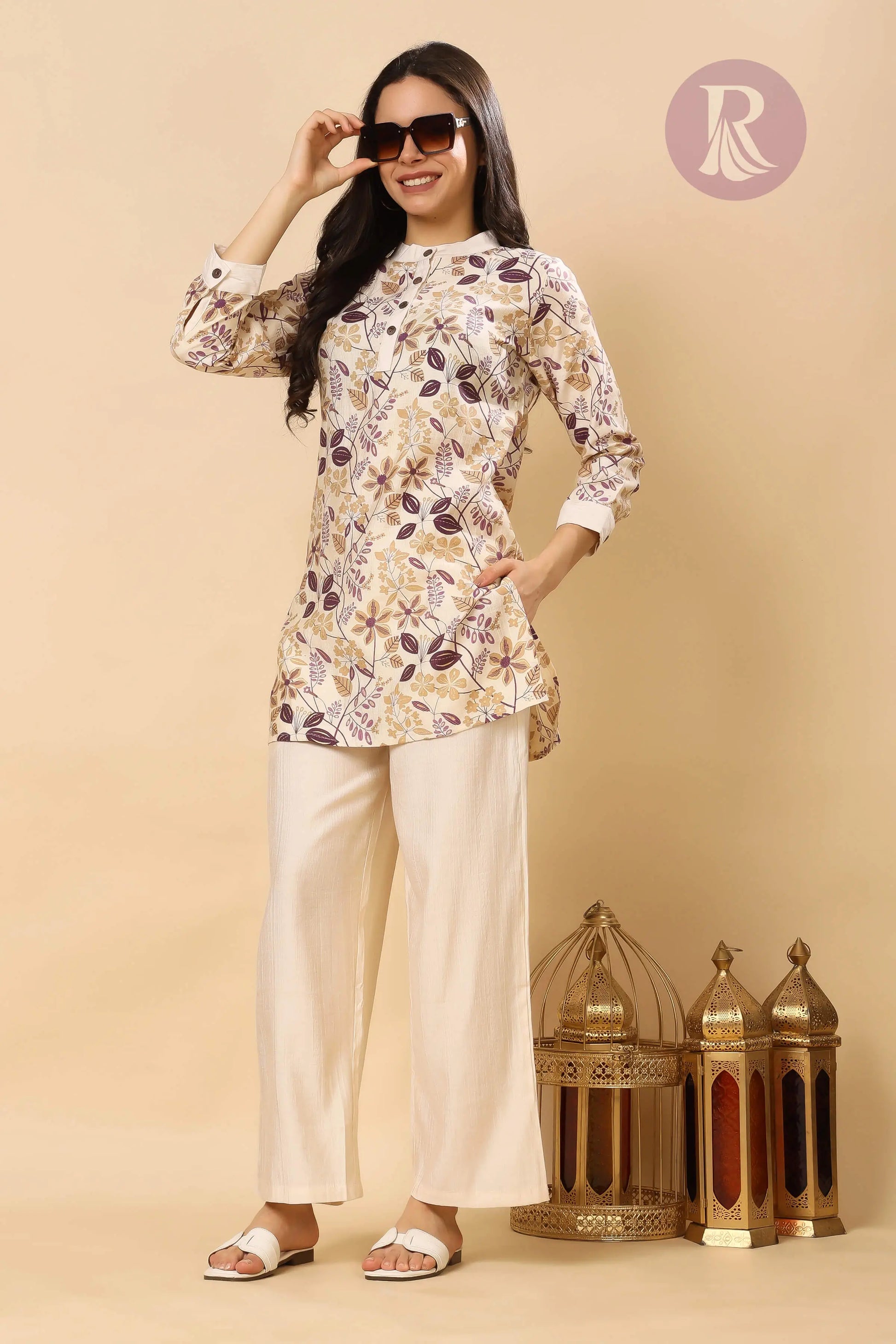 Round collar button-down floral vertical silk kurta for women – stylish festive co-ord set