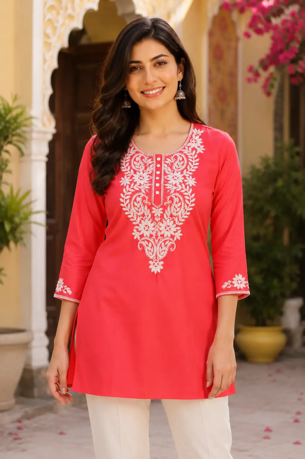 Rabric women coral pink cotton embroidered short kurti front view with 3-4 sleeves and white thread embroidery