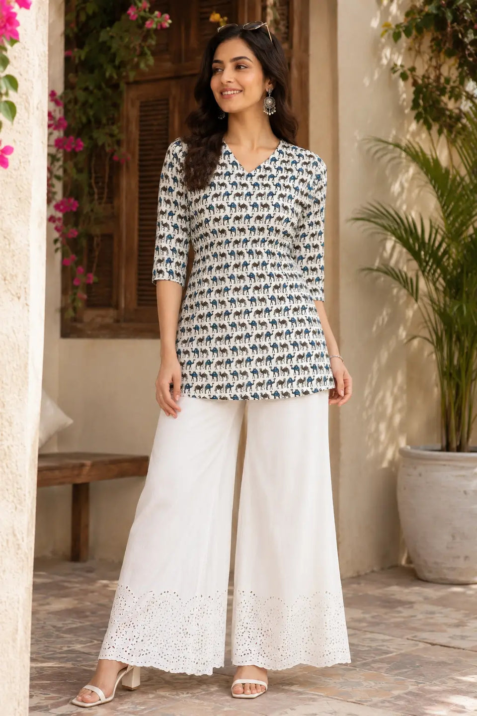 Rabric women ivory cotton camel print V neck short top front view with 3/4 sleeves and mid length casual fit