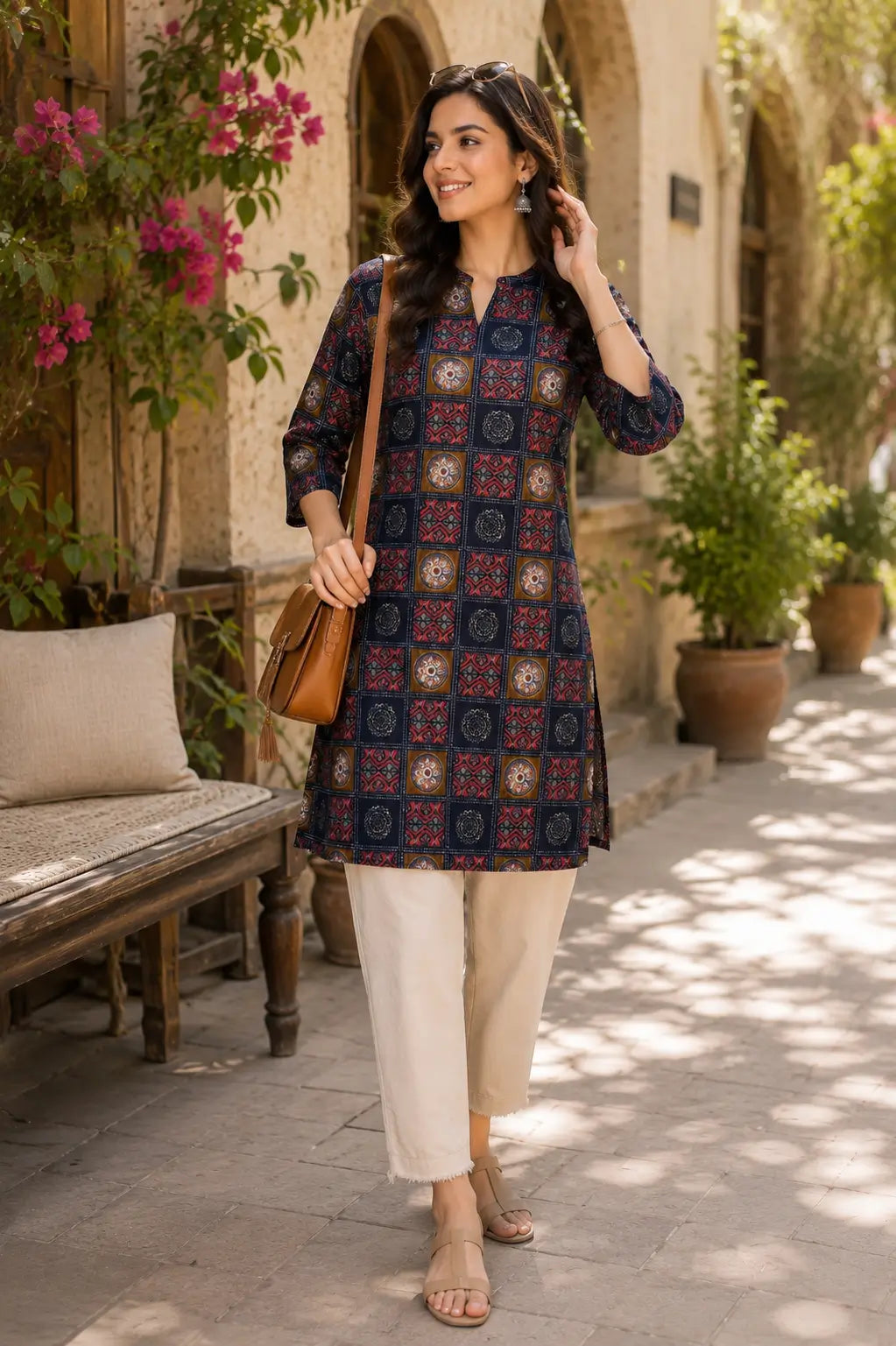Woman wearing Rabric navy blue cotton flex printed kurti in casual ethnic lifestyle fashion look