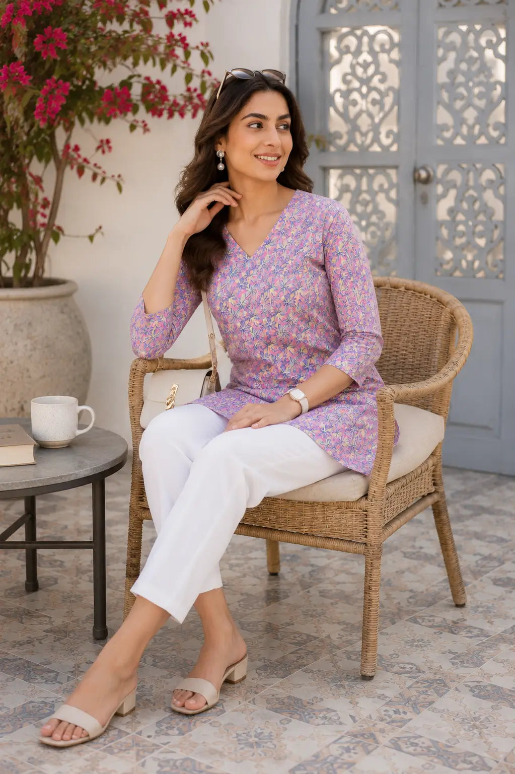 Rabric women multicolor floral cotton short top sitting pose lifestyle image with stylish casual accessories and comfortable fashion styling