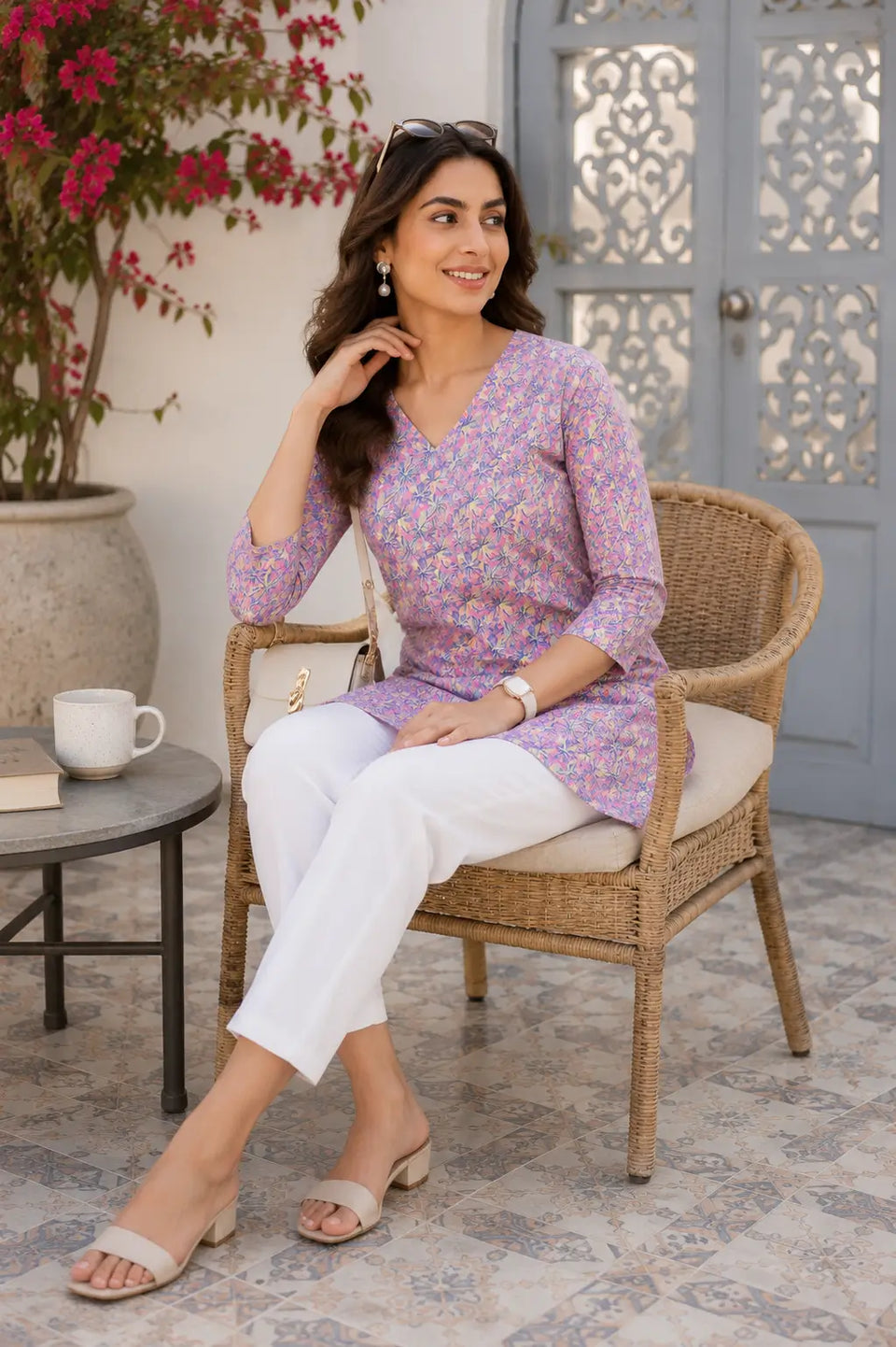 Rabric women multicolor floral cotton short top sitting pose lifestyle image with stylish casual accessories and comfortable fashion styling