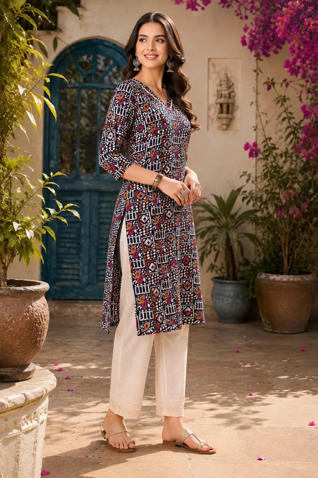Side angle view of Rabric navy blue cotton straight fit kurti for women with stylish ethnic print and side slit